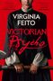 „VIRGINIA FEITO“, „VICTORIAN PSYCHO“. Eine Frau in schwarzer Kleidung hält eine Axt, vor rotem Hintergrund., Buch