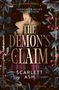 „SURRENDER NEVER FELT SO GOOD. THE DEMON'S CLAIM. SCARLETT ASH.“ Frau in lila Kleid, umgeben von Blättern und leuchtenden Punkten., Buch