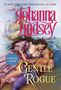 Text: "Johanna Lindsey, Gentle Rogue, A Malory Novel, Avon Books." Eine romantische Illustration: Frau und Mann auf einem Schiff., Buch