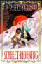 Text: "N D Stevenson, bestselling author of Nimona, Scarlet Morning." Zwei Figuren gegen roten Sonnenaufgang, stürmische Szene., Buch