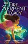 "The Fire Serpent Legacy" von Cindy L. Rodriguez. Mädchen rennt neben ein feuerspeiendes, grünes Schlangenwesen., Buch