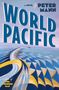 WORLD PACIFIC, ein Roman von Peter Mann. Illustration mit blau-gelbem, dynamischem, wellenartigem Muster.
