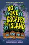 Buchtitel "No One Escapes the Island" in Gelb und Lila, mit Silhouetten auf Hütten und Dschungelpflanzen.