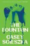 "THE FOUNTAIN, a novel by CASEY SCIESZKA." Grüner Hintergrund, Gesicht schaut nach oben, blaue Farbtropfen fließen nach unten., Buch