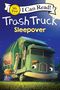 "I Can Read! My First Reading: Trash Truck Sleepover." Illustration eines Müllwagens mit lächelndem Kind und Nachtkulisse.