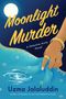 „Moonlight Murder“, ein Detective Aunty Roman. Hand hebt blaues Tuch, voller Mond, spiralförmige Muster auf Wasser., Buch