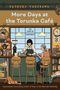 Text: „More Days at the Torunka Café“, „The Scent of Happiness“. Illustration eines Cafés mit zwei Personen und Katzen., Buch