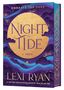 "Night Tide: A Novel" von Lexi Ryan. Goldene und violette Töne mit stilisierten Wellen und Sternen., Buch