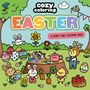 Text: "Cozy coloring Easter", "A comfy vibes coloring book". Illustration: Niedliche Tiere feiern in einem bunten Garten., Buch