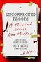 "UNCORRECTED PROOFS: A Thousand Errors, One Murder" steht auf Stapel Papier, rote Schrift, Blutflecken, roter Hintergrund., Buch