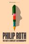 "Philip Roth: The Facts: A Novelist's Autobiography". Stilisierte Feder und Profil eines Gesichts im Hintergrund., Buch