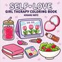 „SELF-LOVE GIRL THERAPY COLORING BOOK“ und „HIKARU KOTZ“. Illustration mit Saft, Kalender, Spiegel, Büchern und Salat., Buch