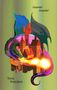 Text: Guards! Guards! Terry Pratchett  
Illustration: Bunter Drache, der Flammen auf eine mittelalterliche Stadt spuckt., Buch