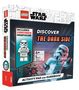 Texte: "INCLUDES STORMTROOPER MINIFIGURE", "DISCOVER THE DARK SIDE", "6+", "5 pcs", "ACTIVITY PAD AND GUIDEBOOK". Eine LEGO Star Wars Box mit Stormtrooper., Buch