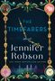 "The Timefarers, a novel" von Jennifer Robson; Verzierungen, Uhrzeiger, Kosmos-Hintergrund, antike Köpfe und Stadtansicht.