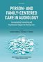 Große, weiße Schrift auf blauem Hintergrund: „Person- and Family-Centered Care in Audiology“. Illustration von stilisierten Wellen., Buch