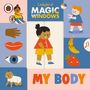"Ladybird Magic Windows" und "My Body" in farbenfroher Kinderbuch-Illustration. Enthält Kinder, Früchte und ein Marienkäfer-Logo.