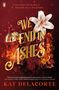 "We End in Ashes" in goldener Schrift, roter Hintergrund, Flammen, Totenkopf, weiße Lilie, Kuppel mit Riss.