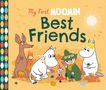 Text: "My First MOOMIN Best Friends." Illustration von freundlichen Cartoon-Figuren in einer sonnigen Landschaft.