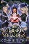 „The Cursed Melodies“, drei Personen mit Buch, von violettem Licht umgeben, Efeu und Buchseiten schweben.