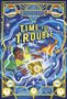 "Super Inventors: Time for Trouble". Zwei Kinder wirbeln in einer blauen, wirbelnden Umgebung mit einem goldenen Gerät.