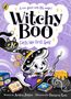 Titel: "Witchy Boo Casts her First Spell". Fröhlicher Geist in Hexenkleidung, schwarze Katze, Zauberstab, Kessel, lila Hintergrund., Buch