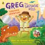 „Greg the Sausage Roll: Dinosaur Adventure“ steht über einem fröhlichen Gebäck in Safari-Kleidung, umgeben von Dinosauriern., Buch