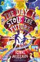 Buchtitel: "The Day I Stole The Future". Visualisiert in lebhaften Farben mit zwei Figuren und Elementen der Zeitreise.