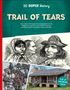 "TRAIL OF TEARS" in großen Buchstaben. Illustrationen und Fotos zeigen indigene Menschen, einen historischen Umzug und eine Hütte.