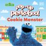 „pop-up peekaboo! Cookie Monster“ in bunten Buchstaben. Ein fröhliches, blaues Monster mit großen Augen und offenem Mund., Buch