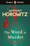 "Penguin Readers", "ANTHONY HOROWITZ", "The Word is Murder". Roter Strick mit Ring auf grünem Hintergrund.