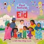 „First Festivals: Eid. A lift-the-flap book.“ Eine diverse Gruppe mit fröhlichen Menschen, Geschenken und Laternen.