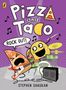 "Pizz and Taco, Rock Out!", Illustration: Pizza spielt Gitarre, Taco am Schlagzeug, fröhliche Musiknoten in lila Hintergrund.