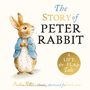 "The World of Peter Rabbit" in blauer Schrift, mit einer Illustration eines Kaninchens in einer blauen Jacke. Darunter steht "Beatrix Potter".