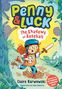 "Penny & Luck: The Shadows of Rosehall" zeigt ein fröhliches Kind mit Helm und Hund in bunter Umgebung voller Blätter., Buch