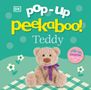 "pop-up peekaboo! Teddy" in lebhaften Buchstaben, darunter ein lächelnder Teddybär mit lila Schleife.