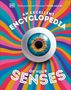 „Think you have just five senses? THINK AGAIN! AN EXCELLENT ENCYCLOPEDIA OF YOUR SENSES.“ Ein großes Auge vor bunten Spiralen.