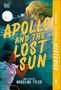 „APOLLO AND THE LOST SUN“, rollengelockter Apollo schaut, Frau in weiß läuft, Vollmond, Wagen mit Pferd, orange Rand.