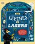 Buchtitel: "From Leeches to Lasers". Illustrationen: Caduceus-Symbol, Pestdoktor, diverse medizinische Werkzeuge.