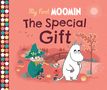 „My First MOOMIN The Special Gift“, illustriert mit Cartoonfiguren vor Landschaft, links dekorativer Rand., Buch