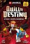 "Quill of Destiny: Attack of the Scroll Guardian." Lego-Figuren in Actionpose vor einem rot-dynamischen Hintergrund., Buch
