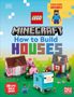 „LEGO Minecraft How to Build Houses“ steht groß geschrieben. Oben rechts: „MINIFIGURE INSIDE!“ mit einer Lego-Figur. Unten links: „30 EPIC BUILD IDEAS“. Darunter sind verschiedene Lego-Häuser und Figuren aufgebaut.