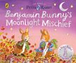 "Benjamin Bunny's Moonlight Mischief", "The World of Peter Rabbit". Zwei Hasen heben Gemüse auf, umgeben von Herbstblättern und Pilzen., Buch