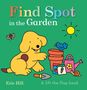 "Find Spot in the Garden". Gelber Hund mit Gartenwerkzeug, Vogel, Gießkanne, Topf, Sonne und Schmetterling.