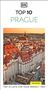 „TOP 10 PRAGUE“ in großer Schrift, darunter „TOP 10 LISTS FOR YOUR PERFECT TRIP“. Luftaufnahme einer Stadt mit roten Dächern.