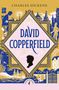 "David Copperfield" von Charles Dickens; bunte Illustration mit Szenen und Silhouetten, darunter eine Kopfprofil-Silhouette., Buch