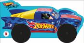 Text: "Let’s Race", "Hot Wheels". Illustration eines blauen Spielzeugautos mit gelbem Heck und roten Streifen.