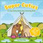 "Super Cuties: A Cosy Comfy Rainy Day Colouring Book by Rosie Bay." Zwei Tiere entspannen sich in einem Zelt bei Regen.