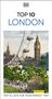 "TOP 10 LONDON" und "TOP 10 LISTS FOR YOUR PERFECT TRIP". Foto von London Eye, Big Ben und Menschen im Park. DK-Logo oben.