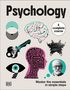 „Psychology: A complete course. Master the essentials in simple steps.“ Illustrationen von Hirn, Auge, Portraits, Labyrinth.